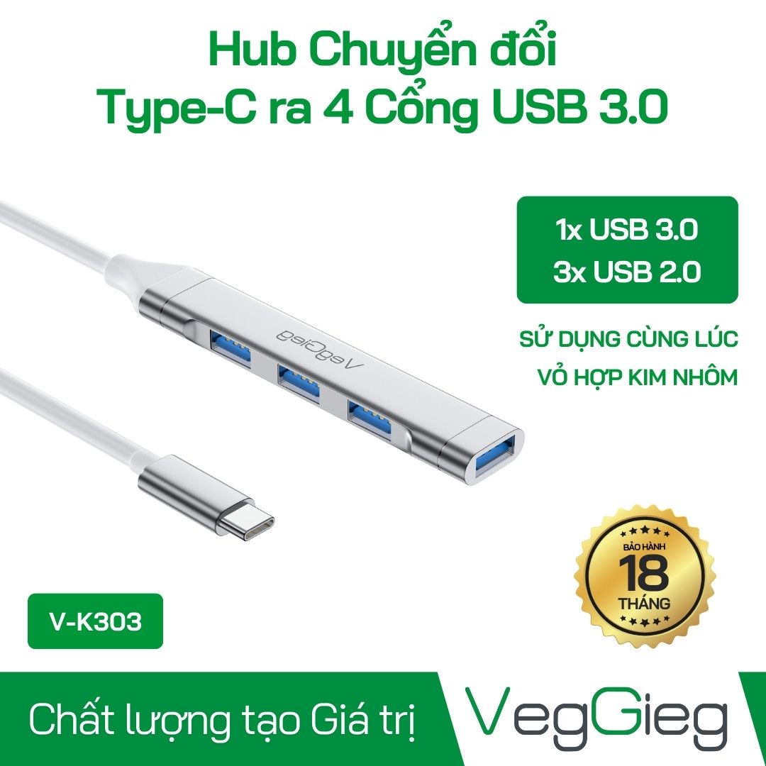 Đầu chuyển đổi/ Hub Type-C To USB 4 Cổng USB 3.0 V-K303 Veggieg